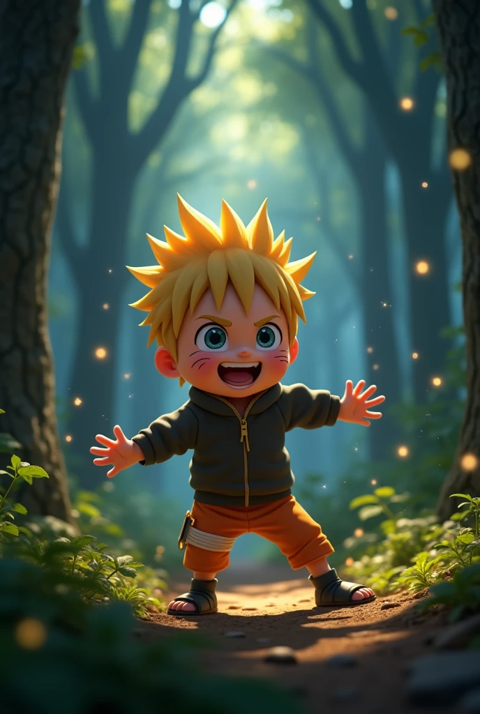 happy boy naruto character, in a dimly lit forest. pixar style