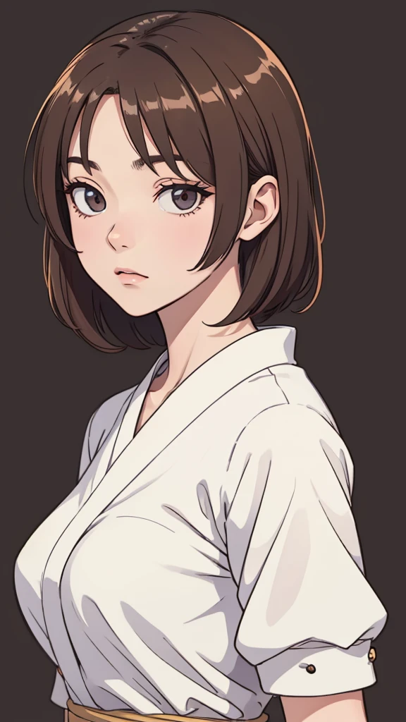 (((masterpiece, best quality, ultra highres, 1 girl, solo, no background))), super detailed skin and face and eyes and finger, beautiful japanese woman, small breasts:1.5, skinny, light brown hair, very short pixie hair, cowboy shot, The background should be simple, outline, anime, 2d, boyish, expressionless, flat anime, fundosi,