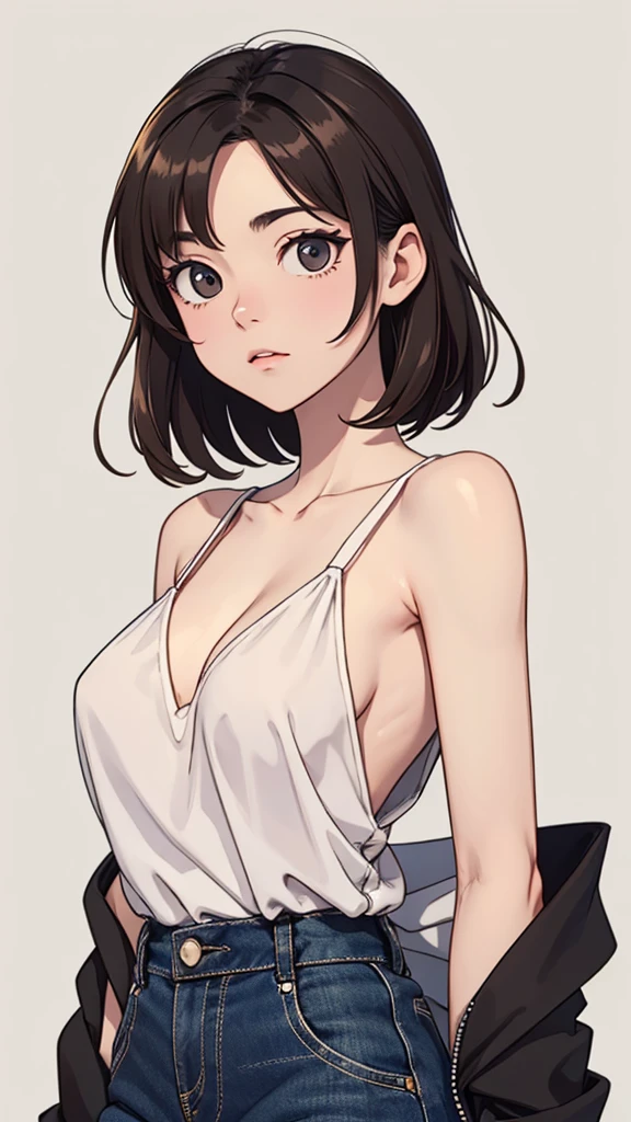 (((masterpiece, best quality, ultra highres, 1 girl, solo, no background))), super detailed skin and face and eyes and finger, beautiful japanese woman, small breasts:1.5, skinny, light brown hair, very short pixie hair, cowboy shot, The background should be simple, outline, anime, 2d, boyish, expressionless, flat anime, fundosi,