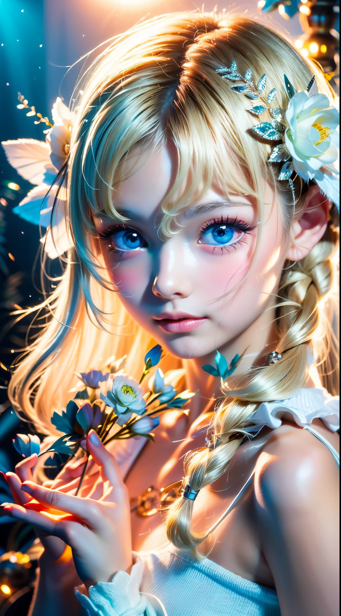 Completely naked、White Background,Upper body close-up、 Shiny, Firm, glowing skin, Bangs between the eyes, Beautiful luster, Platinum Blonde Hair, Twin tails, eyeliner, A very beautiful and innocent -yeld gi High resolution big beautiful light blue eyes, beautiful and adorable girl, ((beautiful girl、Ultra-high resolution、The lighting is bright、Precise needles without discomfort))、Small Face Beauty、Very white and beautiful young々Fresh Skin、Round face、Nipples、White Background