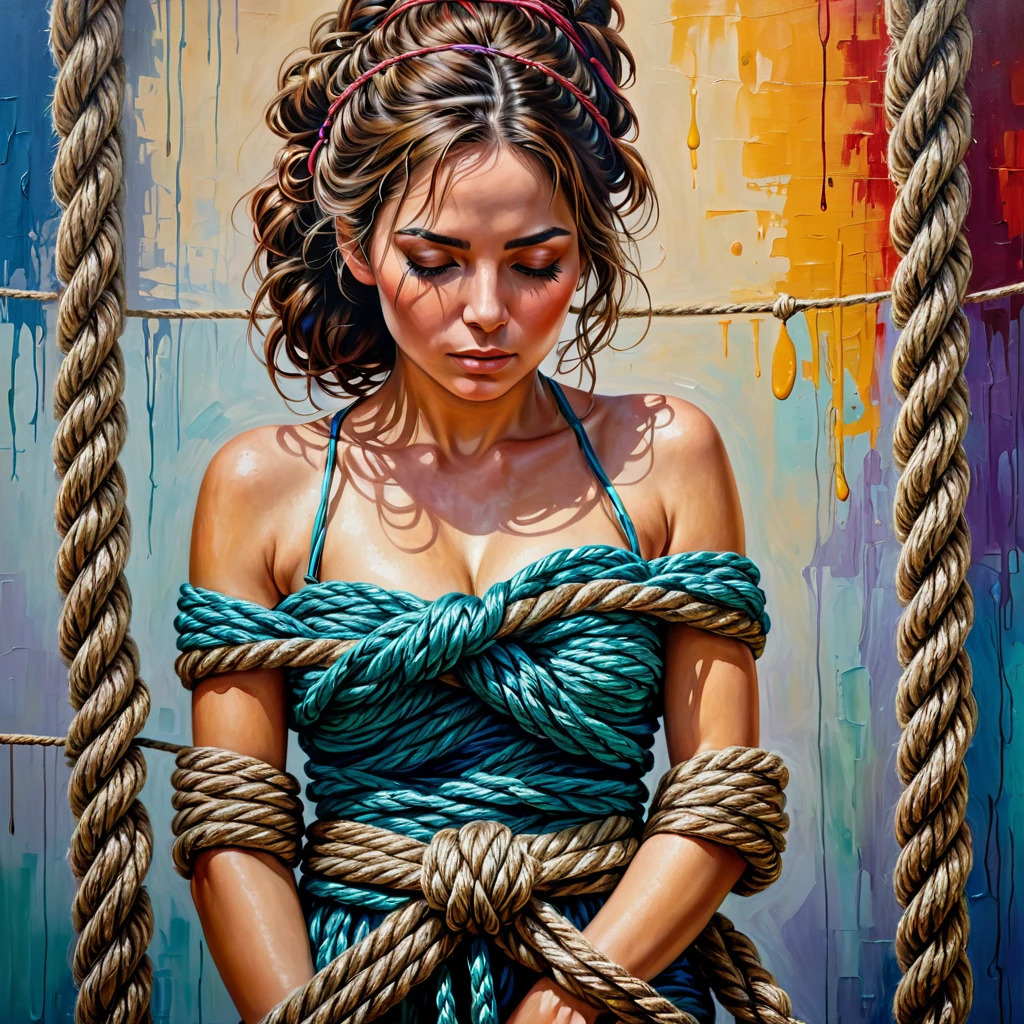 A woman wrapped in ropes, , Oil painting, highly detailed textured, colourful