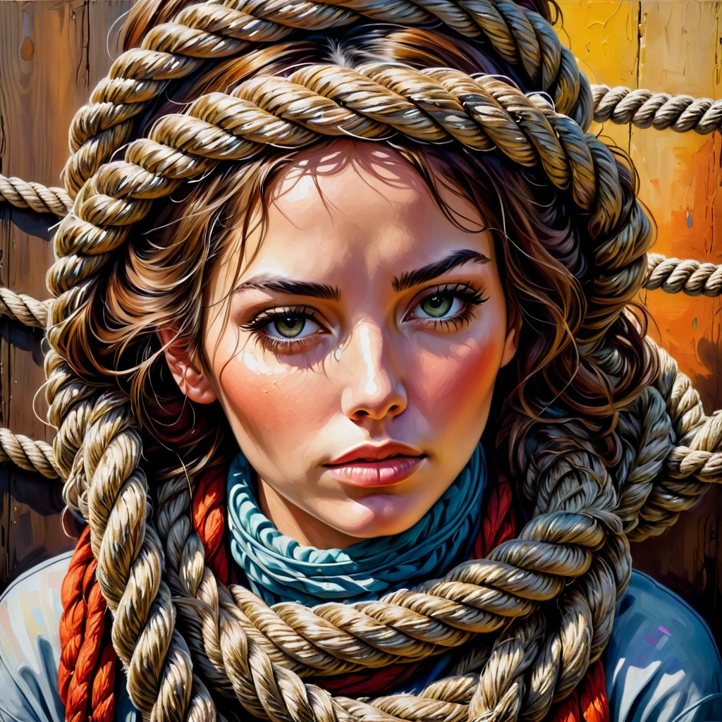A woman wrapped in ropes, tied up, Oil painting, highly detailed textured, colourful
