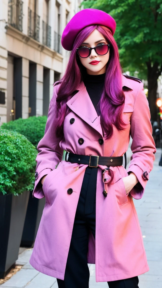 4k, realistic, high detailed, super eyes detailed, fashion clothes, maroon trenchcoat, french beret, black pants with belt, long hair, in the city, pink hair, purple eyes, yae miko, wearing trendy sunglasses,