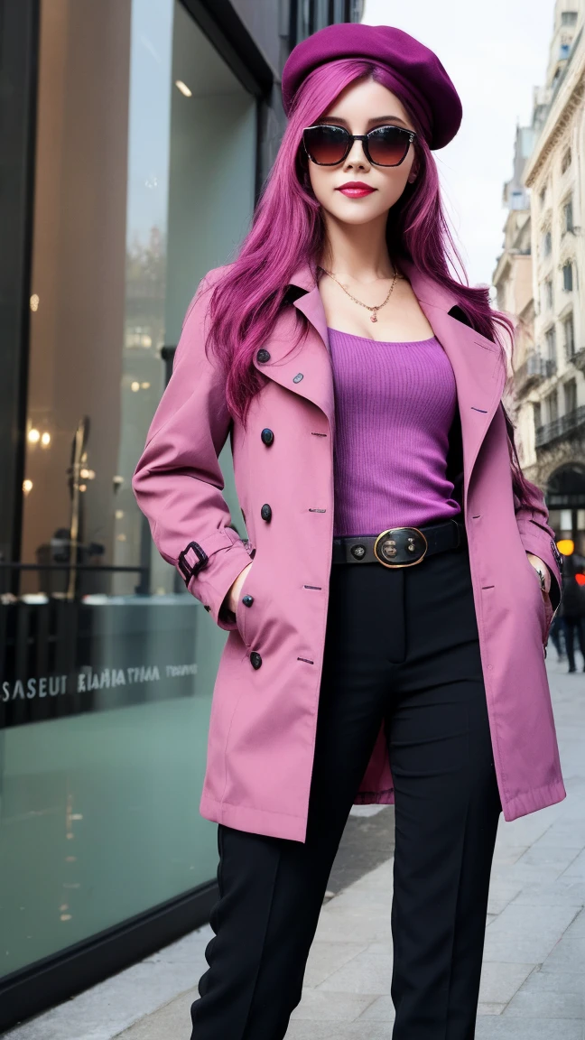 4k, realistic, high detailed, super eyes detailed, fashion clothes, maroon trenchcoat, french beret, black pants with belt, long hair, in the city, pink hair, purple eyes, yae miko, wearing trendy sunglasses,