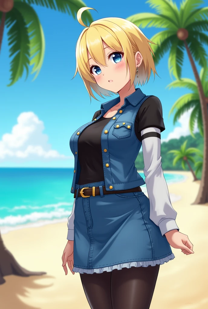 1girl, (solo:1.2), (standing:1.3), (interacting:1.3), (cowboy shot:1.5), (curvy:1.2), smile, happy, at ease, (masterpiece:1.3), (best quality:1.3), (perfect anatomy:1.4), highly detailed, (tropical beach:1.3), palm trees, azure blue water, daylight, summer,, android18, earrings, denim, belt, blonde hair, blue eyes, short hair, jewelry, (denim vest:1.2), open vest, black pantyhose, black shirt, denim skirt, (white striped long sleeves), blue skirt, large breasts, semi-realistic artstyle, vibrant, soft shading, expressive, thicc