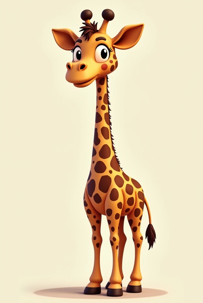 A giraffe looking down to the right, standing on all fours. 3D, Cartoon, detailed face, asymmetrical 16k