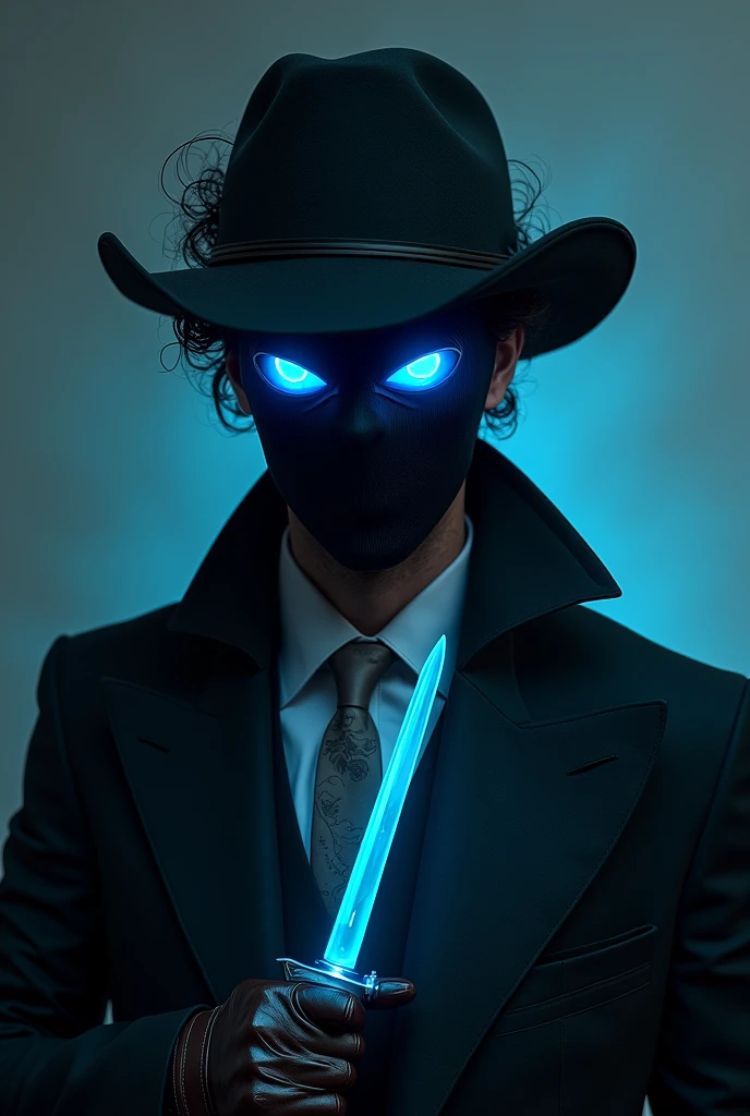 Male with somewhat curly hair , a mask that covers his entire face except his eyes, that are electric blue , tailored suit , medium complexion , high, with tattoo on neck, with leather gloves , He has an electric blue dagger