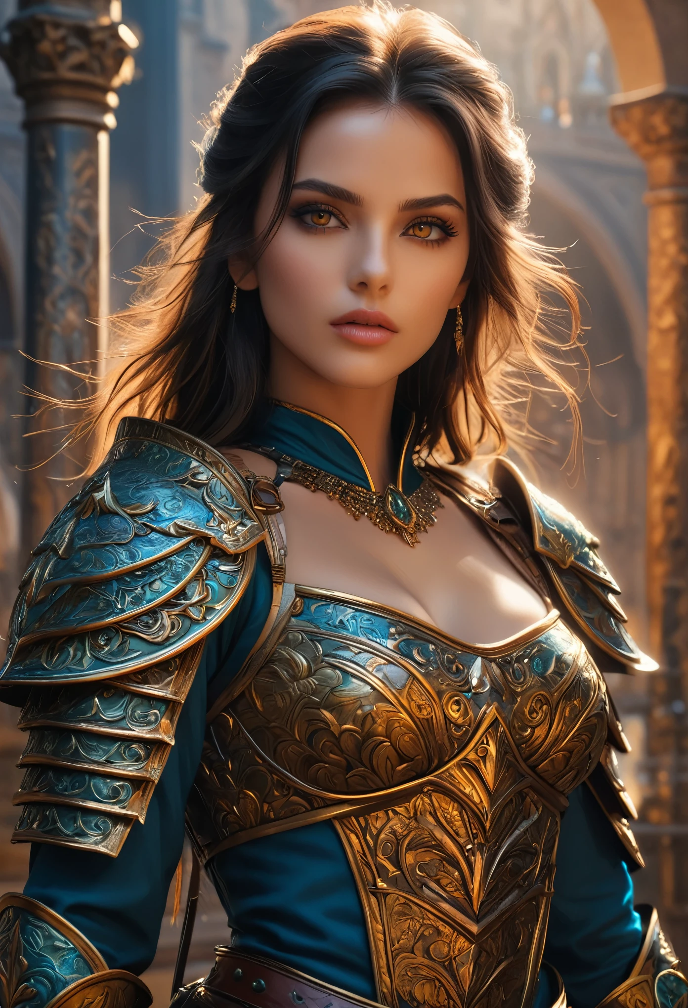 (Highest quality),(realistic,photorealistic,photo-realistic:1.37), ultra-detailed,(best quality,4k, 8k, highres, masterpiece:1.2),beautiful detailed eyes, beautiful detailed lips, extremely detailed eyes and face,longeyelashes,1girl, exotic noble warrior, detailed Gothic palace background, ornate armor, holding a halberd, (surrounded by a monstrous army:1.2), dramatic cinematic lighting, vibrant colors, epic fantasy scene, toned thighs, toned abs, whole body, muscular