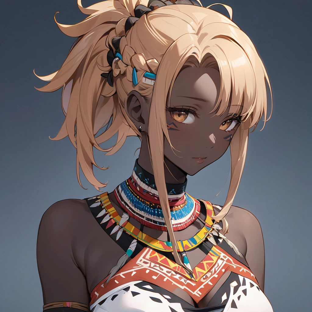 ((Highest quality)), ((masterpiece)), (detailed), (Perfect Face)、The woman has bright black skin、Strong curly hair、Black skinned black man with black skin、The amount of hair is small、Light brown hair、Very short curly hair、Braided hair with detailed and delicate weaving and slicked back、Tribal hairstyle、Her hair is thin and she wears a tribal headdress and a tribal headscarf.、African black woman beautifully dressed in tribal clothing, tribal earrings and tribal accessories, wearing tribal makeup、A beautiful tribal woman with tattoos all over her body