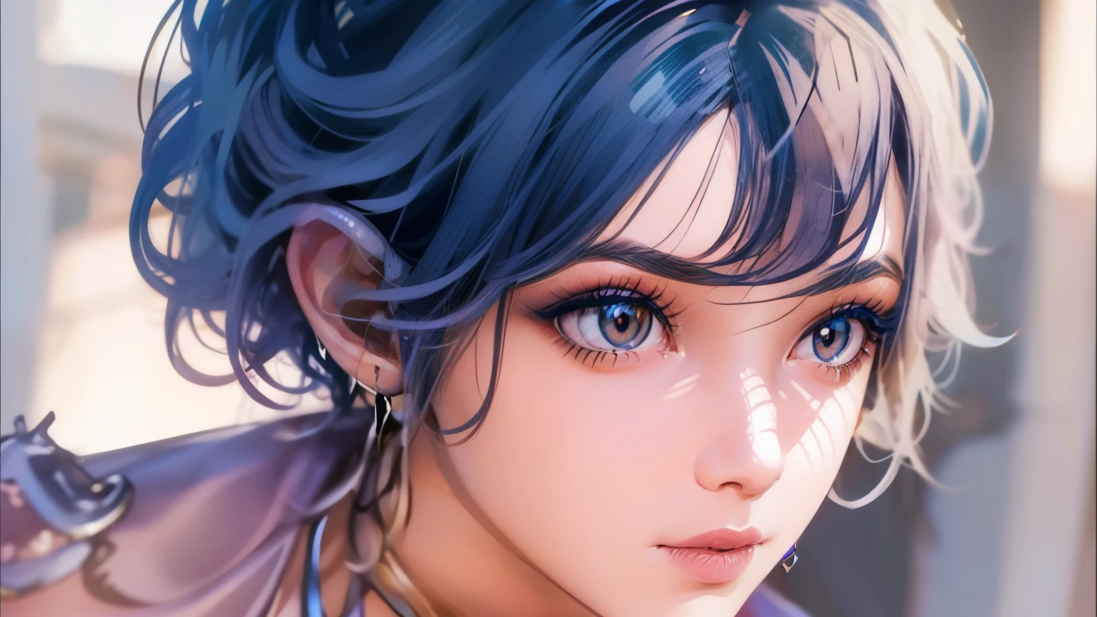 (best quality, masterpiece), 1girl, beautiful girl, brown_eyes, ((hair color [blue and pink hair], [pixie cut with bangs] hair)), earrings, lips, short sleeves,realistic, narrow waist, charming, colorful makeup, long eyelashes, fair skin, (cute), (detailed face), detailed eyes, detailed iris, consistent character, diferent pose