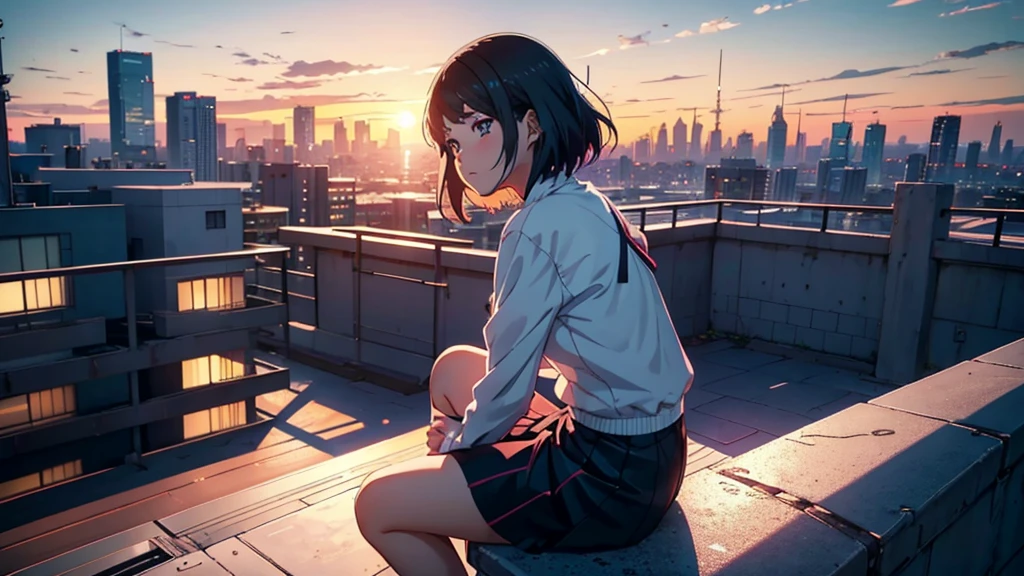 anime girl sitting on ledge overlooking cityscape at sunset, watching the sun set. anime, ilya kuvshinov landscape, anime art wallpaper 8 k, anime art wallpaper 4k, anime art wallpaper 4 k, 4k anime wallpaper, amazing wallpaper, anime wallpaper 4k, anime wallpaper 4 k, beautiful anime scene, inspired by Alena Aenami, 4 k manga wallpaper
