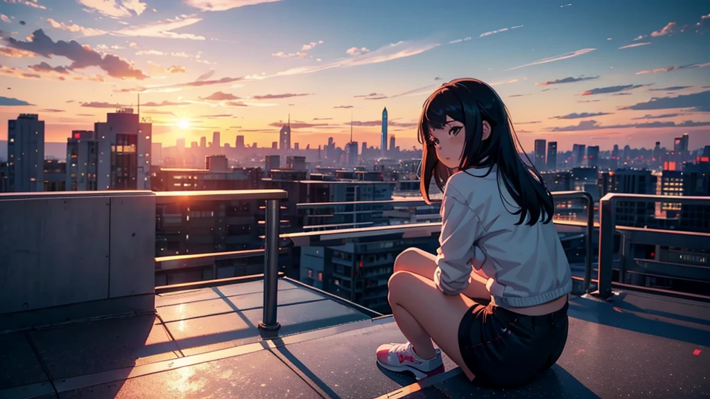 a close up of a person sitting on a ledge with a city in the background, an anime drawing by Yuumei, trending on pixiv, realism, anime asthetic, anime wallpaper 4k, anime wallpaper 4 k, ( ( makoto shinkai ) ), anime art wallpaper 8 k, anime art wallpaper 4 k, anime art wallpaper 4k