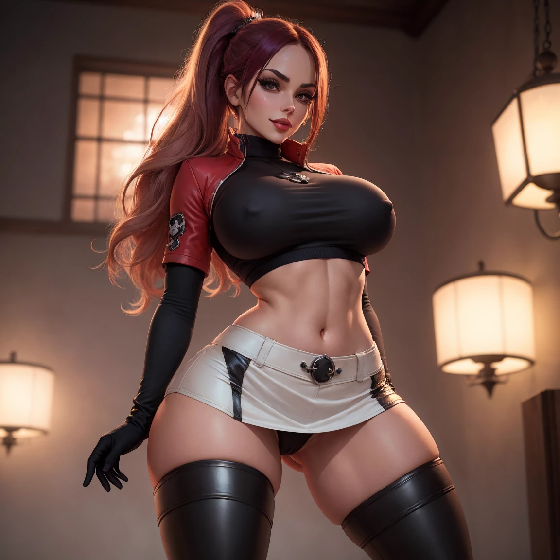 (best quality,4k,8k,highres,masterpiece:1.2),ultra-detailed),HDR,UHD,1girl, full body of beautiful jessie, (black turtleneck top), looking at viewer, volumetric lighting, best quality, masterpiece, realistic , (gigantic breasts), 1girl, face portrait of cassidy evil smile, team rocket,volumetric lighting, best quality, masterpiece, retro artstyle, ((cassidy)), (gigantic breasts), (orange hair), ((team rocket uniform)), short black skirt,midriff, ((white pirate boots)), pantyhose, navel, long hair, ((white opera gloves)), cowboy shot