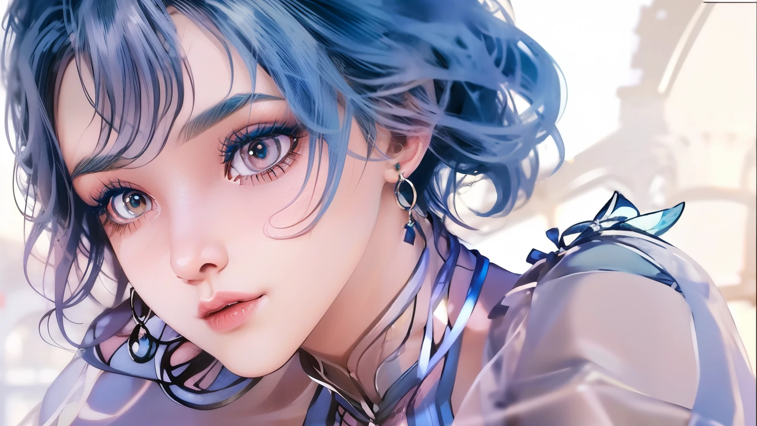 (best quality, masterpiece), 1girl, beautiful girl, brown_eyes, ((hair color [blue and pink hair], [pixie cut with bangs] hair)), earrings, lips, short sleeves,realistic, narrow waist, charming, colorful makeup, long eyelashes, fair skin, (cute), (detailed face), detailed eyes, detailed iris, consistent character, diferent pose