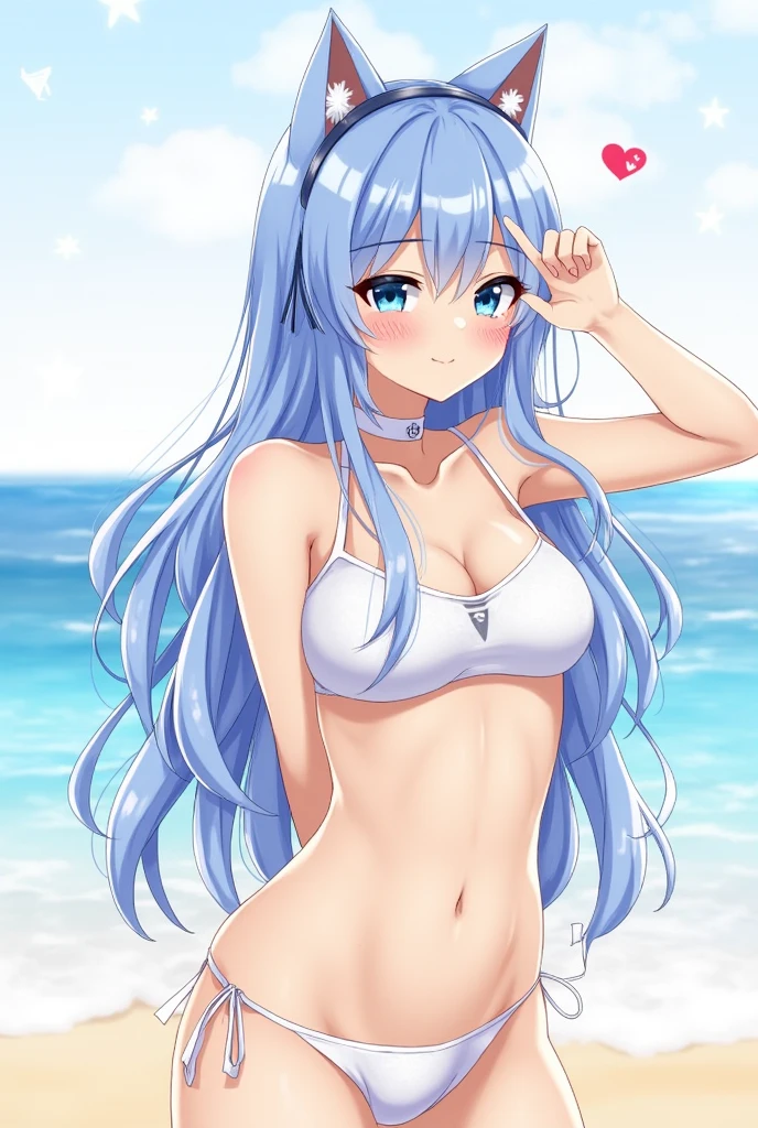  One girl, blue eyes, Long Hair, Blue Hair, bangs, Cat ear, hair ornaments, blush, collared, Staring at the audience, One side up, Hair between the eyes,beautiful girl, Close your mouth, Heart symbol on background,bikini, Beach,See-through swimsuit