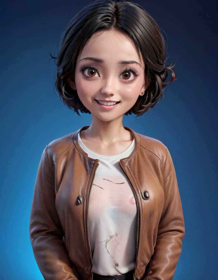Create cartoonish caricature 3D animation with a big head. a 19 years old Indonesian woman. She has short, black updo hair. Her face is oval-shaped with smooth lines, thick and neat black eyebrows, normal  eyes, a small pointed nose, and thin lips with a wide, friendly smile. She is wearing a brown leather jacket over a white t-shirt. Gradient blue background with professional lighting. masterpiece, top quality, skin and face very detailed, ultra-realistic, high definition, studio lighting, sharp focus, body angle 2/3, Concept Art, 3D render.