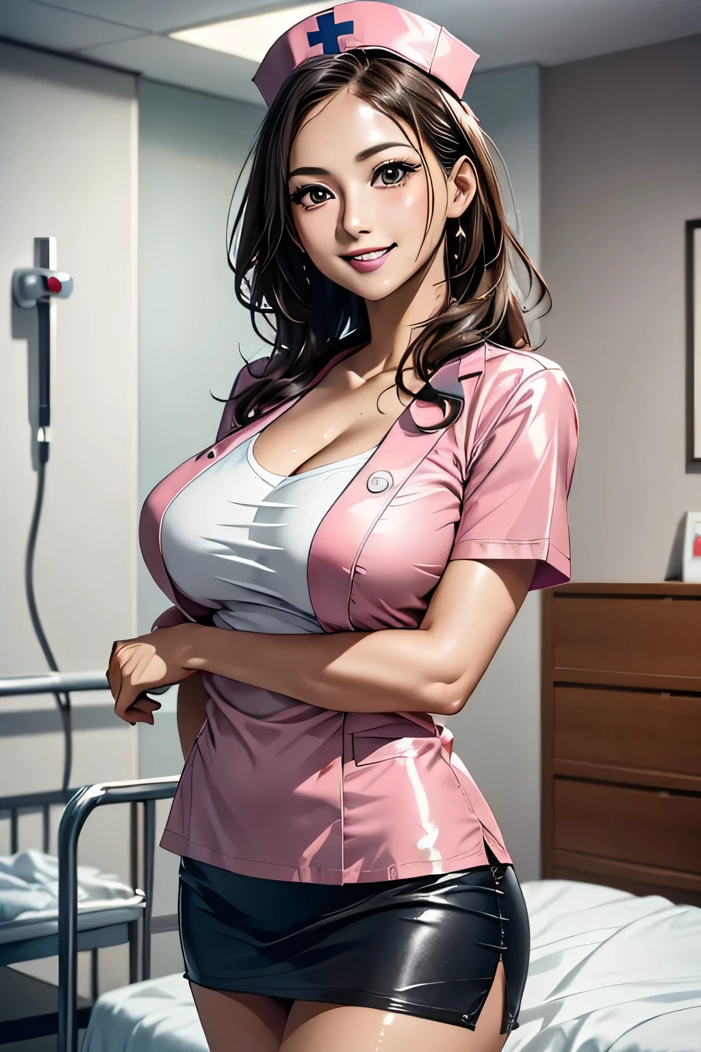 1 female, 40 years old, (Nurse cap, Nurse uniform and mini skirt), masterpiece, Grin, (very tanned and shiny skin), Big Breasts, photoRealistic, Realistic, alone, photoRealistic, Highest quality, Ultra-high resolution, Yura S, Outdoor, colorful,  Daytime setting, beautiful, masterpiece, Highest quality, Very detailedな顔, Perfect lighting, Ultra-high resolution, Very detailed, (background: Hospital room)