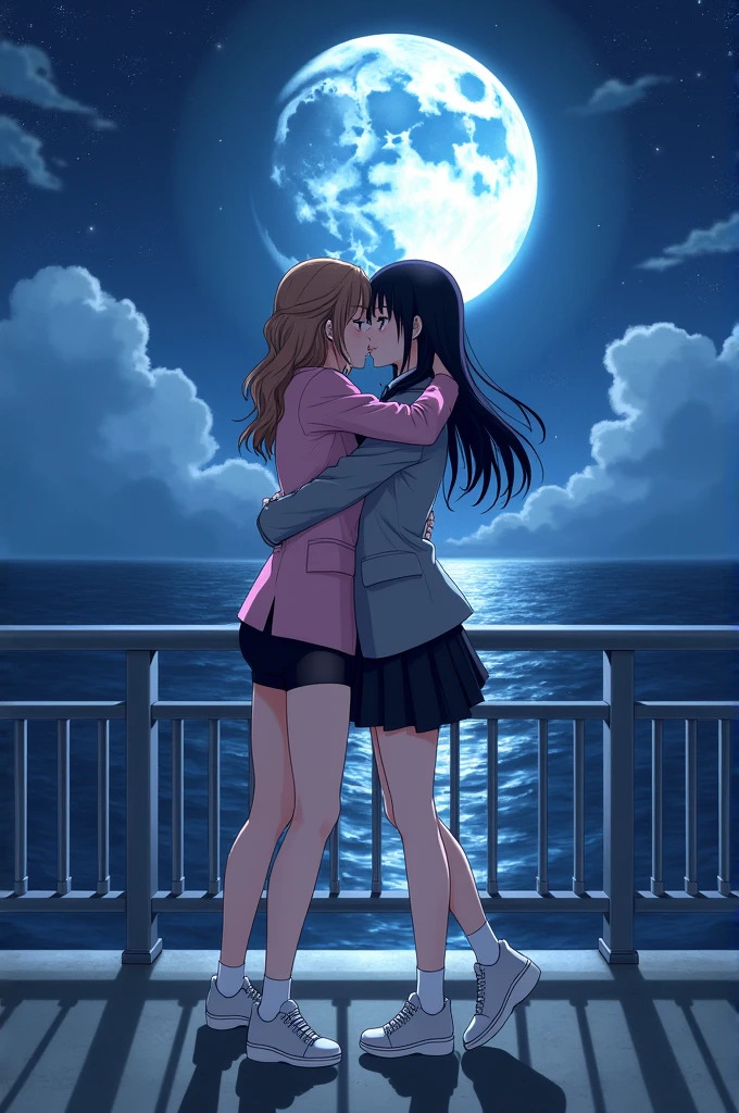 Two girl kissing and hugging on the bridge fantastic night sky moon ocean. (The first girl wears a pink suit, black skirt, black underpants, white socks, white sneakers The second girl wore a gray suit, black skirt, black underpants, white socks, and white sneakers.)