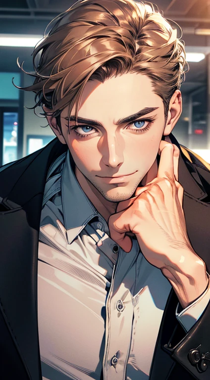 (best quality,4k,8k,highres,masterpiece:1.2),ultra-detailed,(realistic,photorealistic,photo-realistic:1.37),1 man,31 years old,mature man,very handsome,without expression,smile,short grey brown hair,blue eyes,penetrating gaze,perfect face without errors,imposing posture,businessman,office background,cinematic lighting,hdr image