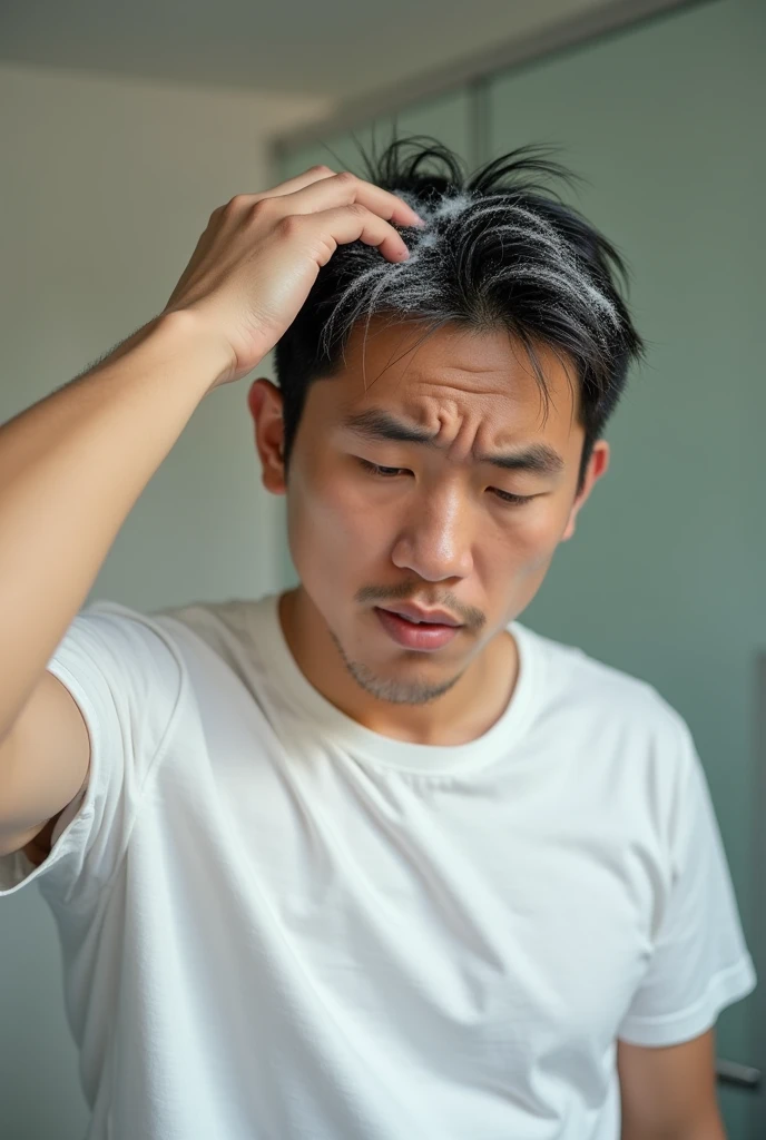 Create a young Asian man,Wear a white T-shirt,,Scratching the scalp with both hands,There is a lot of dandruff on the top of the head,White fine dandruff on the top of the head,The expression is unhappy,The characters are realistic and realistic,Bathroom Background,9:16 frames,Ultra-high-definition picture quality