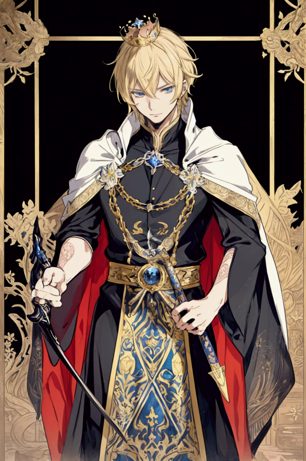 (Masterpiece), ((Highest Quality)),(Official Art),Dark cynicism:1.2),(1 solo anime man: 1.3). A stern and regal dark tyrant, straight and short yellow-blonde hair, blue eyes, white and gold intricate royal robes and cape, patterns of cross and religious motifs, wears a royal crown, stands in a dark palace balcony holding a ceremonial sword. Detailed picture. Detailed eyes. Masculine jaws. Soft fairytale picture book Arthur Rackham. Colorful, best detailed ((super detailed)), (highly detailed 2D anime man illustration), ((dark and beautiful))
