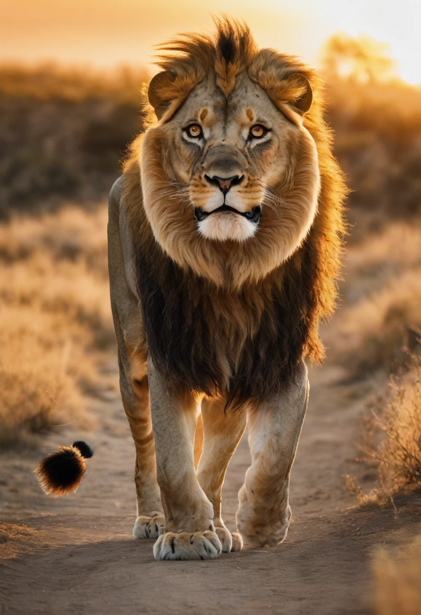 The lion roaring triumphantly as the sun sets behind it hyper realistic
