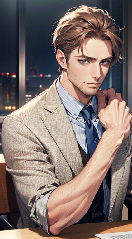 (best quality,4k,8k,highres,masterpiece:1.2),ultra-detailed,(realistic,photorealistic,photo-realistic:1.37),1 man,31 years old,mature man,very handsome,without expression,smile,short grey brown hair,blue eyes,penetrating gaze,perfect face without errors,imposing posture,businessman,office background,cinematic lighting,hdr image