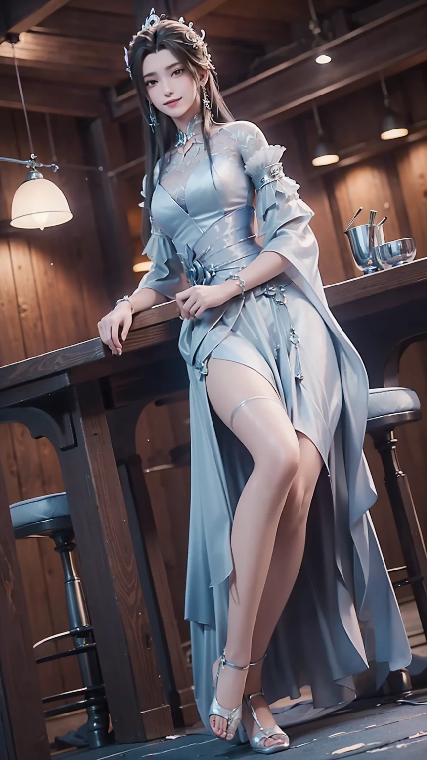 ((Shot in the knee)), ((From below)),A young girl, Wearing a skirt,At the bar, sit on the chair, Cross your legs, Posing elegantly, Detailed scenario, Messy long hair, Blush Blush, Beautiful slender legs, (Very high color saturation), details, Ultra Detailed, (masterpiece, Best quality), (Extremely exquisite and beautiful work), Delicate earrings, Exquisite necklace, Simple blur background, Extremely detailed description, Super Fine, Delicate face, slim body, Thin waist, (Grin), (Anatomically correct),whole body,barefoot