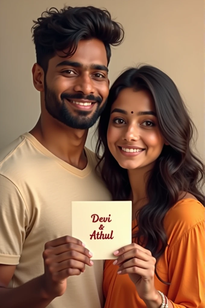 A young south indian man with a beard and a young south indian woman with wavy hair together holding a card which says 'Devi Athul'