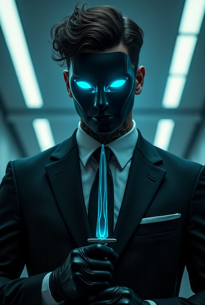 Male with somewhat curly hair , a mask that covers his entire face except his eyes, that are electric blue , tailored suit , medium complexion , high, with tattoo on neck, with leather gloves , He has an electric blue dagger