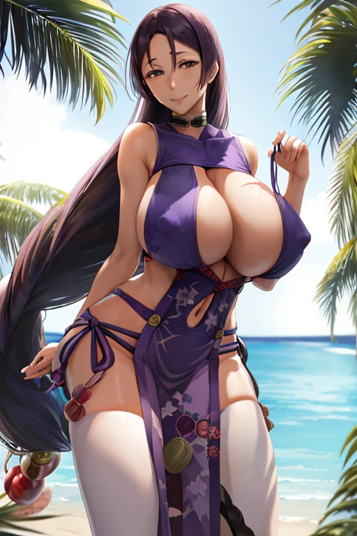 masterpiece, best quality, beautiful art, high resolution, well formed hands, body and fingers, 1 woman, solo, Minamoto no raikou, 31 years old, hair ornament,  adult, grown up, big breasted, cleavage,  full body, braided long hair, blue_japanese_clothes, wearing DOA Kasumi's blue kunoichi dress, sexy and skimpy japanese clothes, kimono peek, sleeveless, panties peek, white stockings, gorgeous legs and thighs, she is doing exercise in the beach, seductive face, warming up, working out, sexy and captivating training, smiling joyfully and happily , looking at the viewer, , sweating , bouncing breasts, training montage session, beach environment              