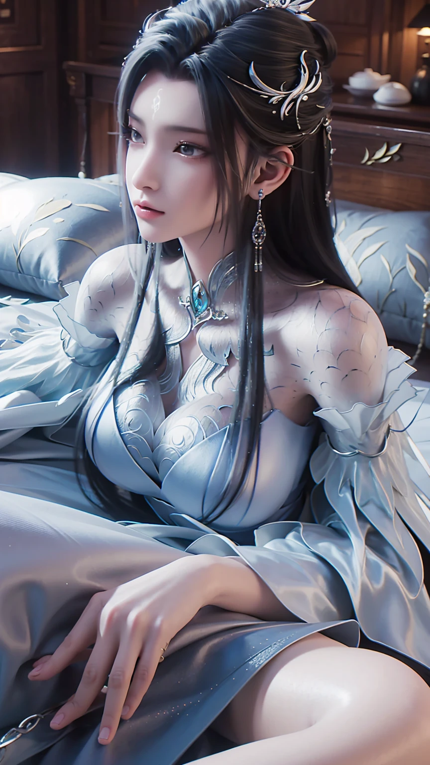 一个女孩Lying in bed，Face up，Raise your legs slightly，Front view super detailed beautiful big breasted girl . Ultra HD, 4K, 8K, Movie，whole body，Lying down，Long legs，Very big breasts，whole body捕捉，（（（Lying in bed））），（（（whole bodyLying in bed））），big bed，Off-shoulder，Shoulder to shoulder，Lying in bed，Sleeping on the pillow，Lying down，Headrest pillows
