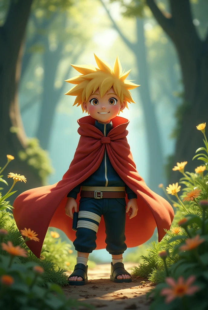 Happy boy naruto character with hokage cloak, in a mystical forest. pixar style