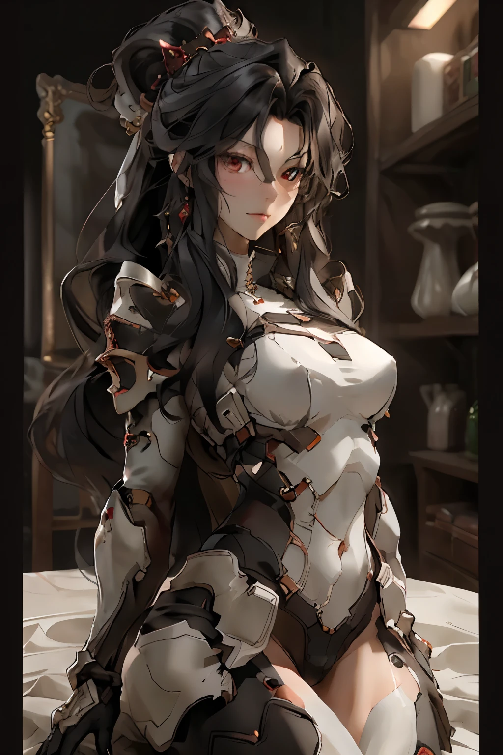 ((best quality)), ((Masterpiece)), (details:1.4), 3d, HDR (high dynamic range), mature woman, เหมือนจริง, Long hair, Black hair, Red eyes, จมูกโด่ง, ปากแดง PBR surface, After processing, Anisotropic filtration,depth of field, Maximum clarity and clarity, multi-layered surface, perfect proportions, 8K raw files, holy paladin, Heavy White armor, Fierce, ในโบสถ์,