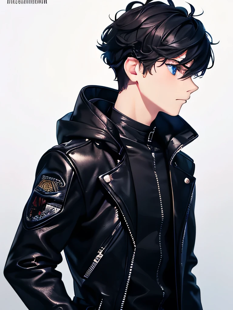 1boy,guy,Standing, sad expression, Facing right, camera angle from the side, photo from the side, looking away,18 years old,Curly hair,blue eyes,medium hair,undercut hairstyle,black hair,black jacket,shiny Leather jacket,black hoodie, tight leather pants, black eyeliners, nails painted black, morning,ultra detail,masterpiece