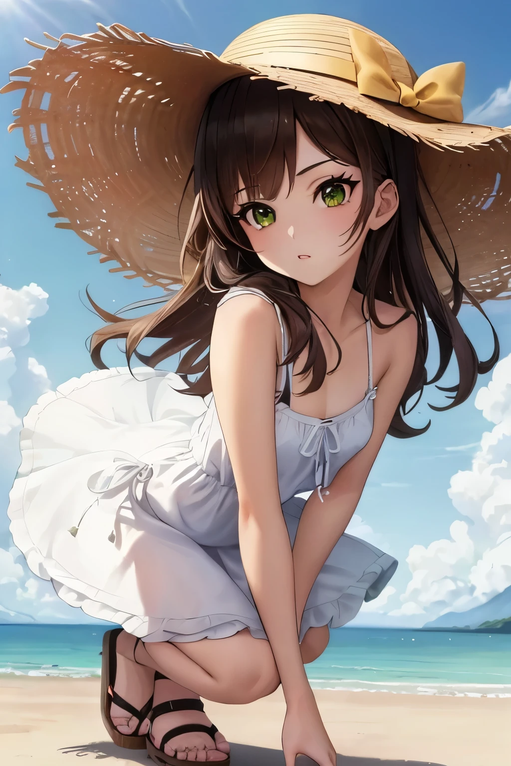 ((masterpiece, Highest quality, High resolution, 超High resolution, Pixel perfect, Written boundary depth, 4K, RTTX 10.0, High resolution))), 1 girl, single, alone, Beautiful Anime Girls, Beautiful art style, Anime characters, ((Shortcuts, bangs, Dark brown hair)), ((Green Eyes:1.4, Round eyes, Beautiful eyelashes, current eyes)), ((Smooth texture:0.75, Anime CG style)), ((Dynamic Angle, close)), Perfect body, (pretty girl), Normal chest, whole body, ((4K, 8k, Highest quality, Perfect Fingers: 1.3, Perfect Anatomy: 1.3, Background Blur)), whole bodyアングル, Please draw a stylish girl in summer clothes., She was wearing a light sundress and sandals, wearing a wide-brimmed hat, In the background is a beach with clear skies and gentle waves., Express a relaxed summer vibe