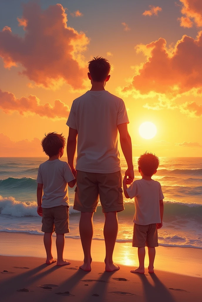 Father with his 2 sons on the beach at sunset from behind and painted.
