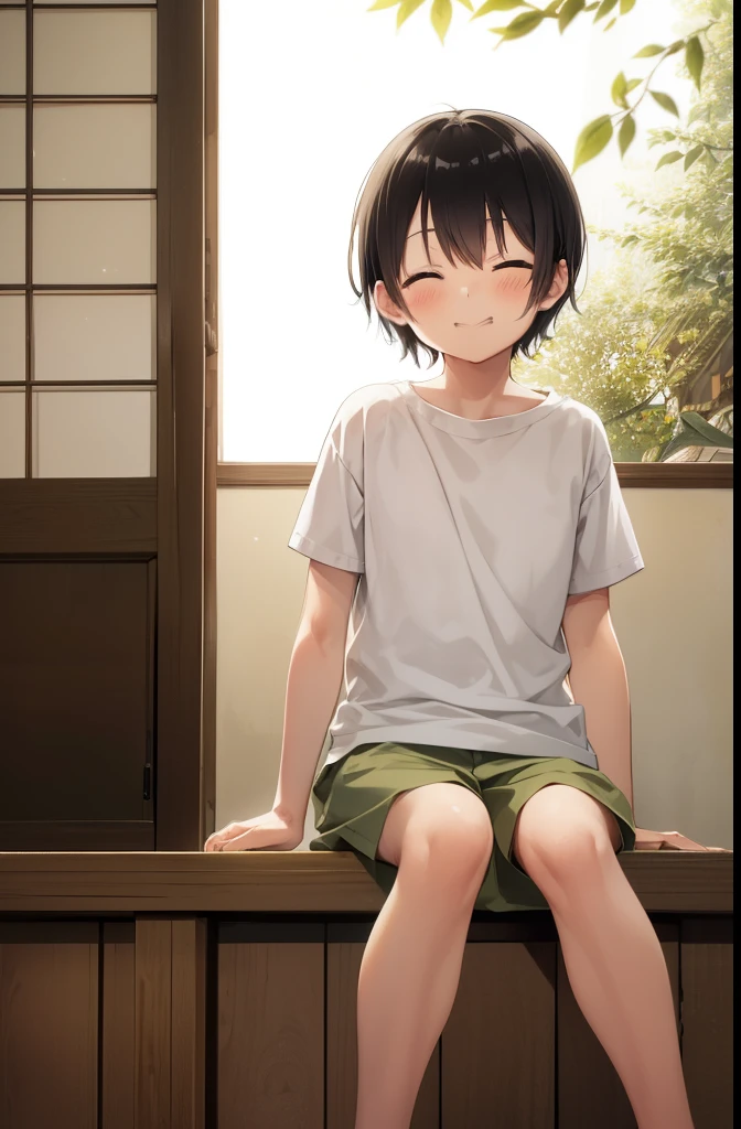 Old house in Japan,kitchen,smile,close your eyes,1. small ,short hair,Black Hair,blush,White T-shirt,Olive green shorts,barefoot,White skin,From below,morning,sitting on a wooden chair,Eat bread,
