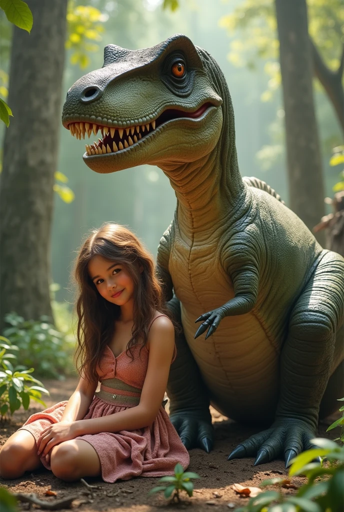 A T-rex with a pretty girl sitting next to it