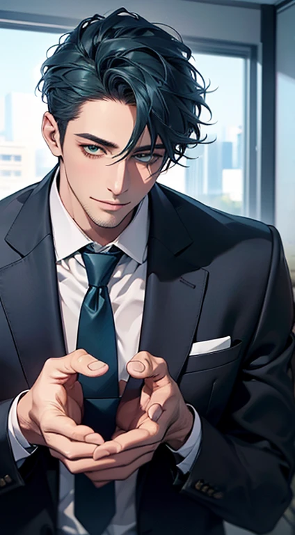 (Highest quality,4K,8K,High resolution,masterpiece:1.2),Super detailed,(Realistic,photoRealistic,photo-Realistic:1.37),1 person,34 years old,Mature Men,Beautiful skin、very handsome,Expressionless smile in love,Short blue hair,green eyes,Sharp Eyes,A perfect face without a doubt,Businessman, CEO, Office Background,Cinema Lighting,HDR image,tie、