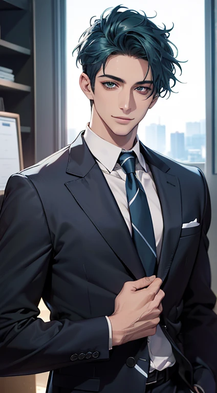 (Highest quality,4K,8K,High resolution,masterpiece:1.2),Super detailed,(Realistic,photoRealistic,photo-Realistic:1.37),1 person,34 years old,Mature Men,Beautiful skin、very handsome,Expressionless smile in love,Short blue hair,green eyes,Sharp Eyes,A perfect face without a doubt,Businessman, CEO, Office Background,Cinema Lighting,HDR image,tie、