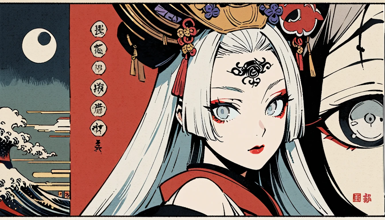 Ink painting, (((1 girl))), (((Tattoo in the middle of the forehead))),(((In the background is the Akatsuki moon))), (((Oiran))), (((Great hair accessories))), Japanese style headphones, Demon possession, (((White eyes with an inscription inside them))),Face up close, Japanese beauty, White hair, Sensitive and precise, Modern Ukiyo-e style