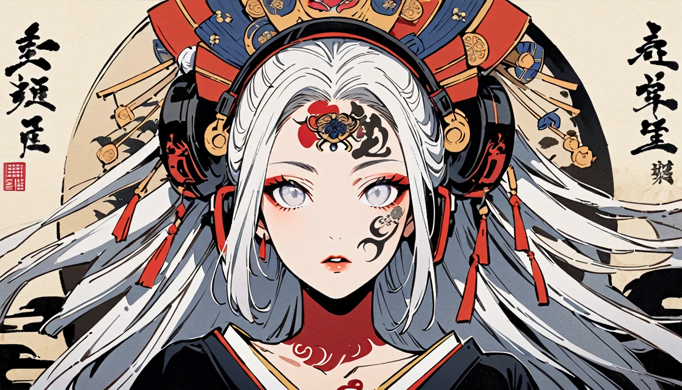 Ink painting, (((1 girl))), (((Tattoo in the middle of the forehead))),(((In the background is the Akatsuki moon))), (((Oiran))), (((Great hair accessories))), Japanese style headphones, Demon possession, (((White eyes with an inscription inside them))),Face up close, Japanese beauty, White hair, Sensitive and precise, Modern Ukiyo-e style