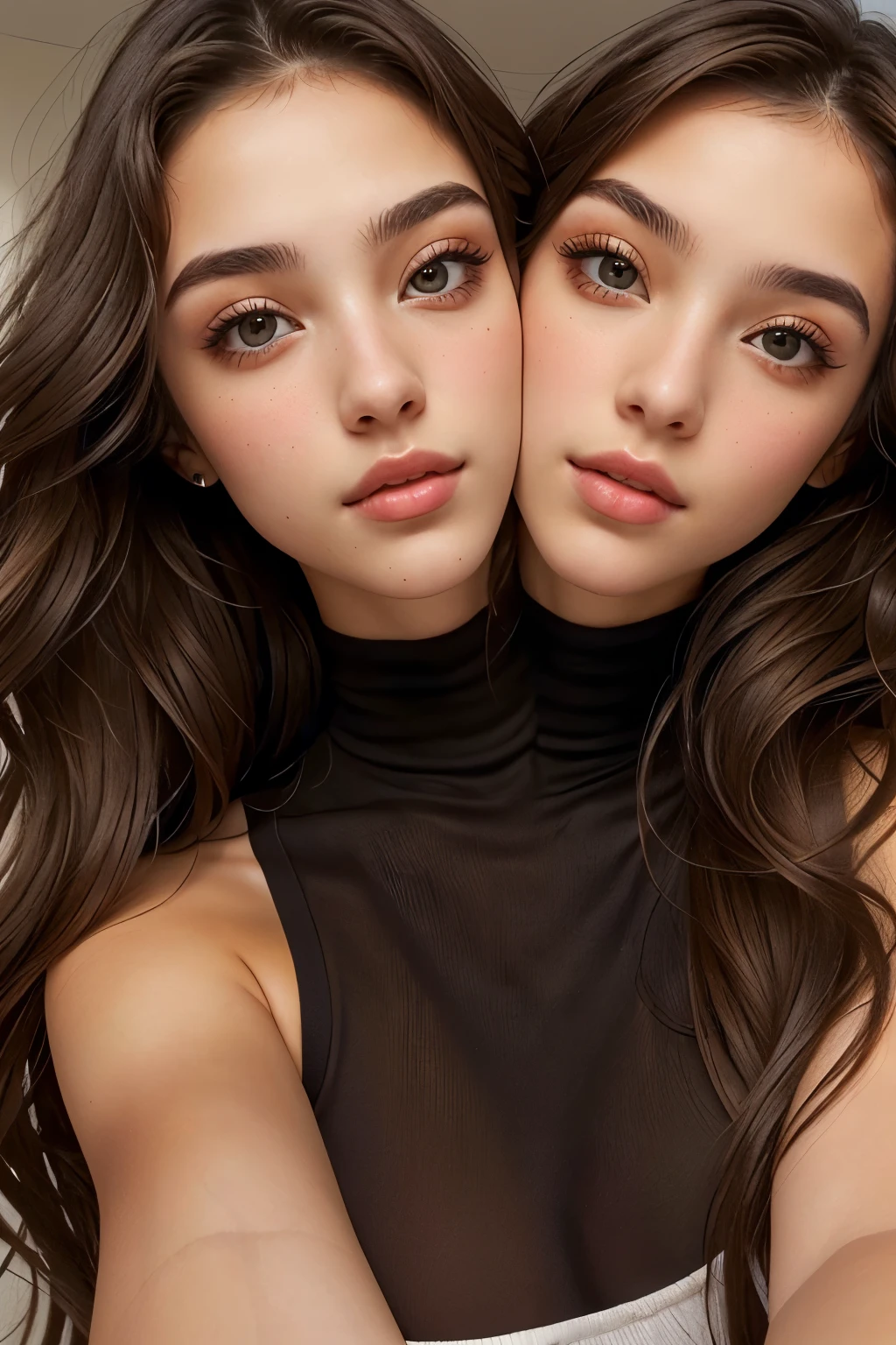 (2heads:1.2), a latino girl with long wavy brown hair, cute, woman, european, beautiful face