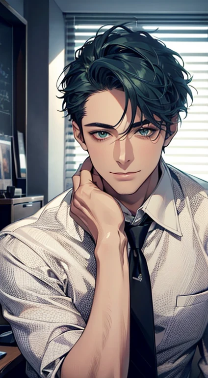 (Highest quality,4K,8K,High resolution,masterpiece:1.2),Super detailed,(Realistic,photoRealistic,photo-Realistic:1.37),1 person,34 years old,Mature Men,Beautiful skin、very handsome,Expressionless smile in love,Short blue hair,green eyes,Sharp Eyes,A perfect face without a doubt,Businessman, CEO, Office Background,Cinema Lighting,HDR image,tie、