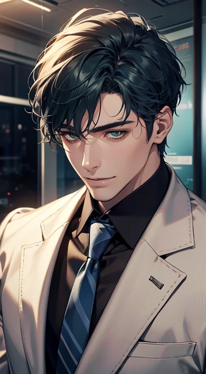 (Highest quality,4K,8K,High resolution,masterpiece:1.2),Super detailed,(Realistic,photoRealistic,photo-Realistic:1.37),1 person,34 years old,Mature Men,Beautiful skin、very handsome,Expressionless smile in love,Short blue hair,green eyes,Sharp Eyes,A perfect face without a doubt,Businessman, CEO, Office Background,Cinema Lighting,HDR image,tie、