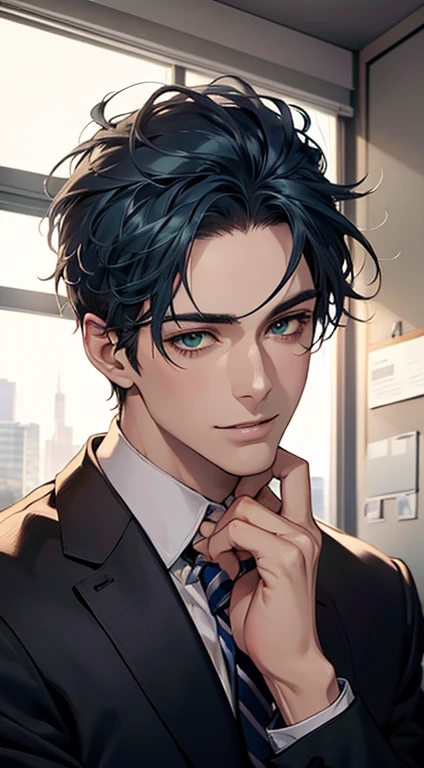 (Highest quality,4K,8K,High resolution,masterpiece:1.2),Super detailed,(Realistic,photoRealistic,photo-Realistic:1.37),1 person,34 years old,Mature Men,Beautiful skin、very handsome,Expressionless smile in love,Short blue hair,green eyes,Sharp Eyes,A perfect face without a doubt,Businessman, CEO, Office Background,Cinema Lighting,HDR image,tie、