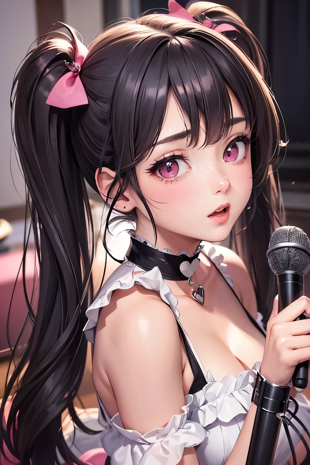 masterpiece, best quality, highly detailed, high resolution, expensive resolution, high resolution, 4K, 8k, Unity 8k wallpaper, highly detailed CG, masterpiece, 2D, 3D, beautiful details, depth, fine texture, best quality: 1.3, perfect focus, crisp skin, him, very cute, 20s girl, idol, holding a microphone and singing, short twin tails, mole under eye, looking at the viewer, expensive, blush, mole, open lips, heart shaped choker, pink eyes