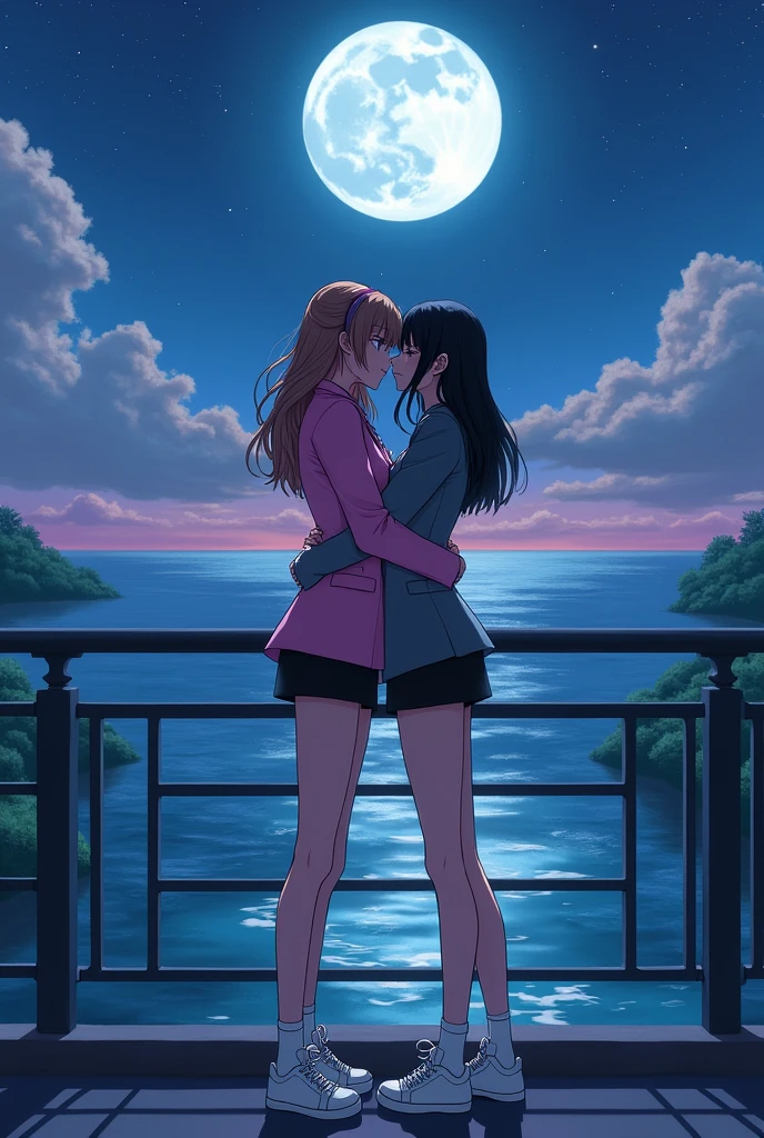 Two girl kissing and hugging on the bridge fantastic night sky moon ocean. (The first girl wears a pink suit, black skirt, black underpants, white socks, white sneakers The second girl wore a gray suit, black skirt, black underpants, white socks, and white sneakers.)