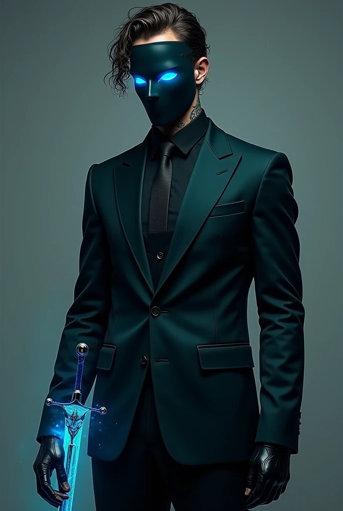 Male with somewhat curly hair , a mask that covers his entire face except his eyes, that are electric blue , tailored suit , medium complexion , high, with tattoo on neck, with leather gloves , He has an electric blue dagger